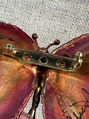 VTG Butterfly Pin Brooch Brutalist Iridescent Red Copper Artist Signed