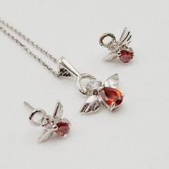 Red Rhinestone Guardian Angel Necklace Earring Set with Card Vintage 1990s