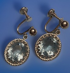 Vintage 1950 Danecraft Sterling 925 Screw On Earrings Blue Glass Oval Drop R33