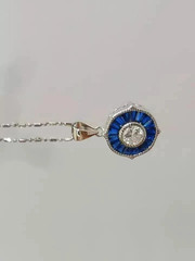 Art Deco Style Lab Created Sapphire & Diamond Wedding 14k White Gold FN Pendant