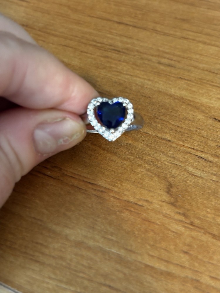Vintage 925 Sterling Silver Blue Heart Ring With White Stone Halo Accents Size 8