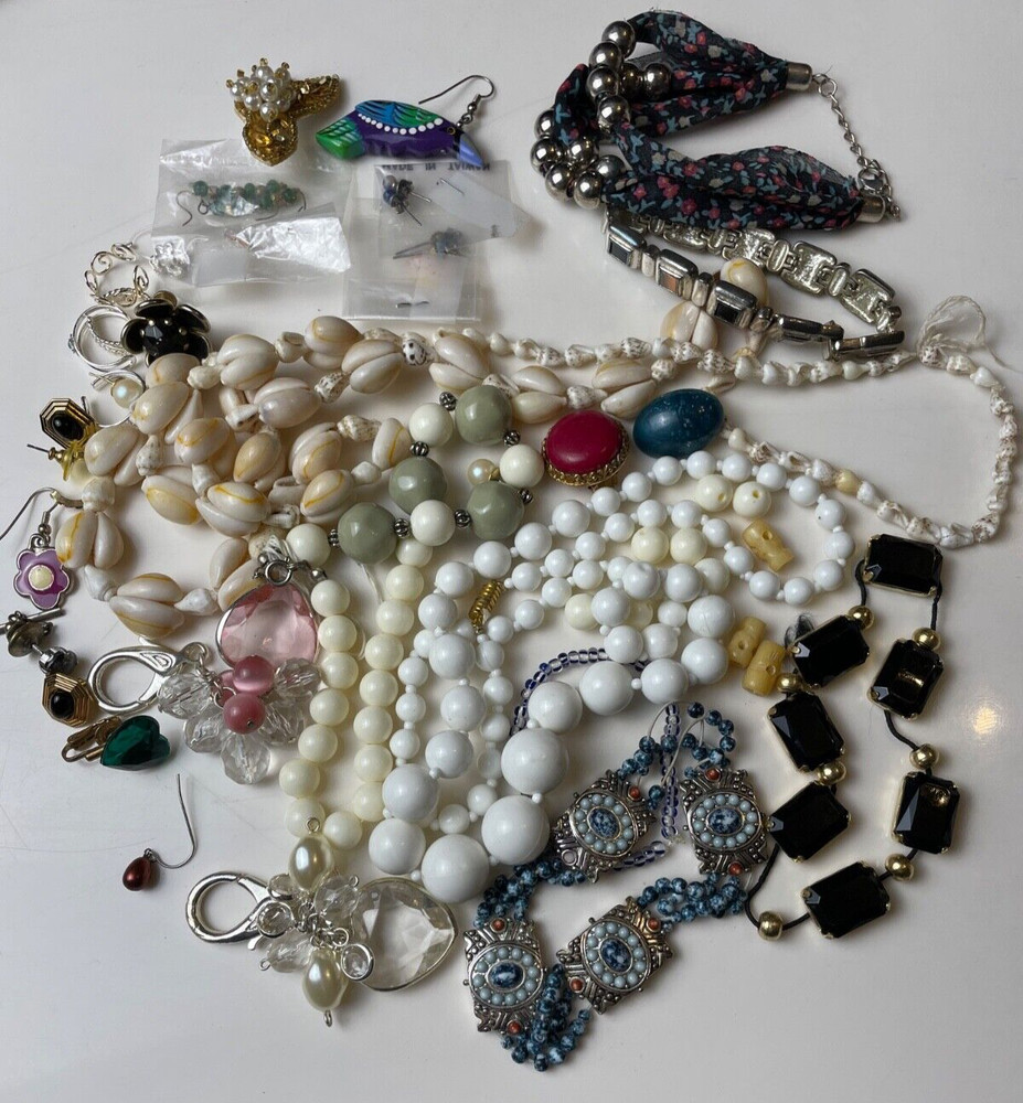 Lot Vintage Costume Jewelry For Repurposing And Wear Shell Necklace Beads Etc.