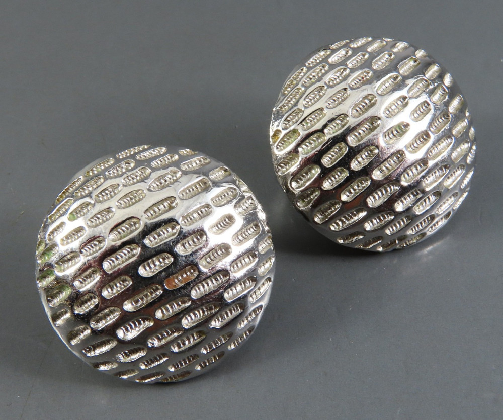 Vintage CROWN TRIFARI Clip-On Earrings DOMED ROUND STUD Unique Dash Engraving