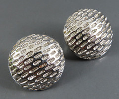 Vintage CROWN TRIFARI Clip-On Earrings DOMED ROUND STUD Unique Dash Engraving
