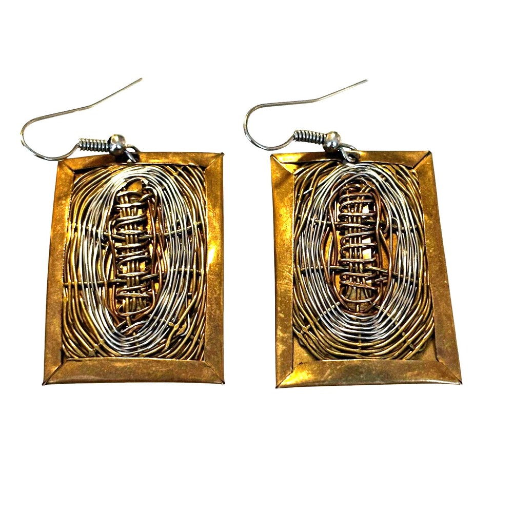 Artisan Boho pierced earrings gold brass silver woven rectangles drop & dangle