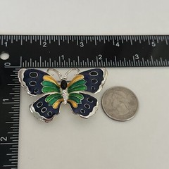 Vintage Blue Green Yellow Enamel Butterfly Silver Tone Rhinestone Brooch Pin
