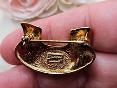 Vintage Lanvin Germany Brooch Pin Rhinestone Blue Cabochon Signed Gold Tone