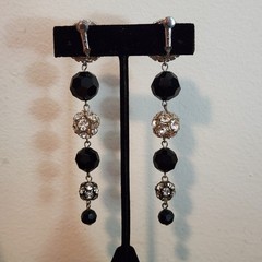 Vintage Signed Les Bernard Rhinestone & Faceted Black Dangle Ball Earrings 4″