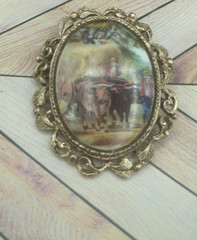 Vintage Farming Scene Cattle Oval Picture Brooch Pin Pendant