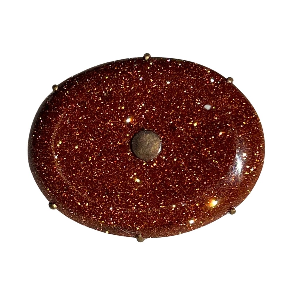 ANTIQUE VICTORIAN GOLDSTONE TABLE CUT CABOCHON BRASS BROOCH PIN ESTATE JEWELRY