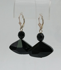 VTG 925 Earrings 1in Wide Black Faceted Glass Sterling Silver Ear Wire Art Deco