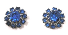 1950s JUDY LEE Clip On Earrings Sapphire Blue Rhinestone Flower Art Glass