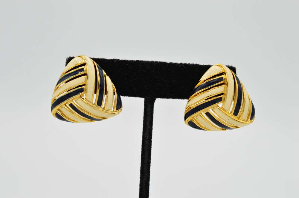 TAT Vintage Earrings Gold Black Off White Enamel Pierced Signed NOS 1980s