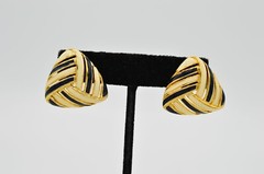 TAT Vintage Earrings Gold Black Off White Enamel Pierced Signed NOS 1980s