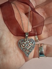 Vintage Sterling Silver Marcasite Heart Pendant Maroon Ribbon Choker Necklace