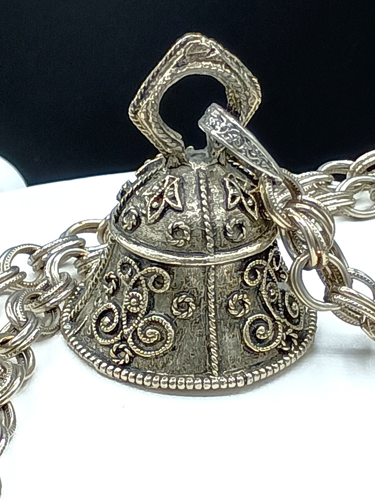 Vintage Art Pepper Necklace Bell Pendant Silver Tone Chunky Raised Detail Signed