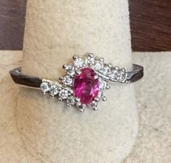 Vintage Oval Ruby & Cubic Zirconia Ring 925 Silver S12 Cocktail Halo Engagement!