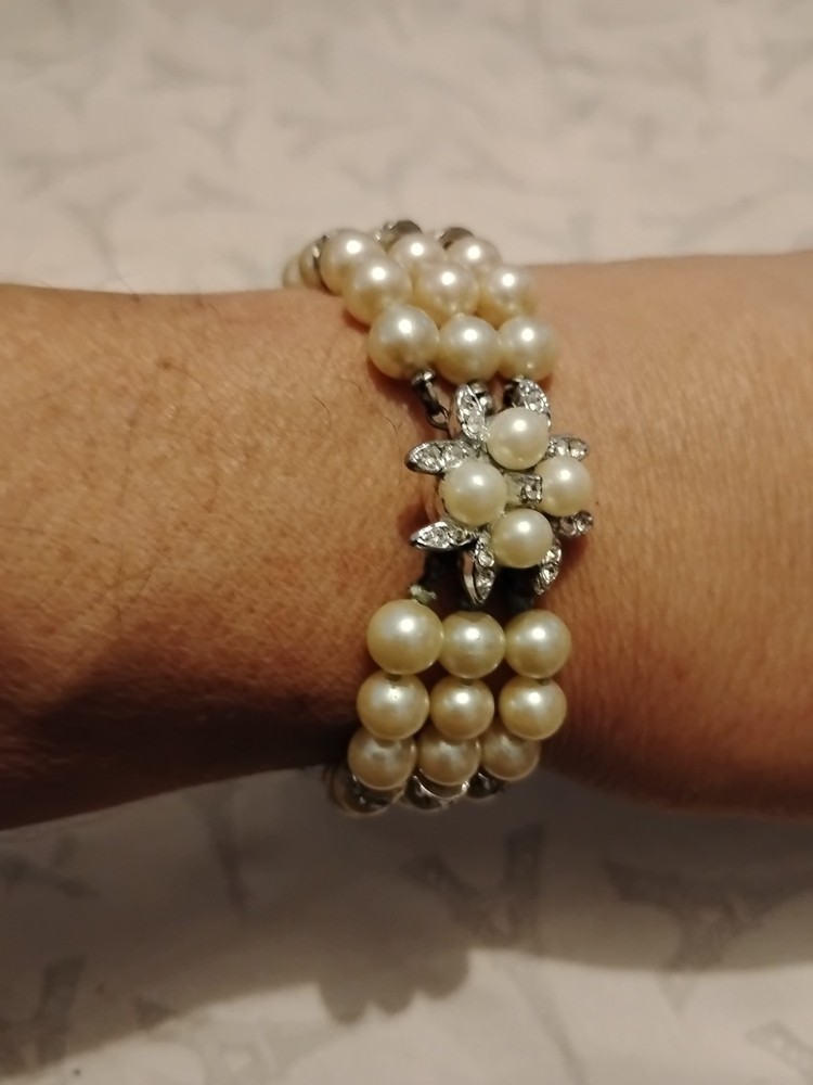 Vintage Three Strand Faux Pearl Bracelet Ornate Crystal Accented Box Clasp