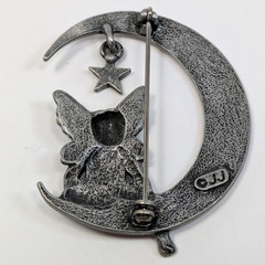 JJ Jonette Fairy Blue Glitter Wings Crescent Moon Star Pin Brooch Pewter Vintage