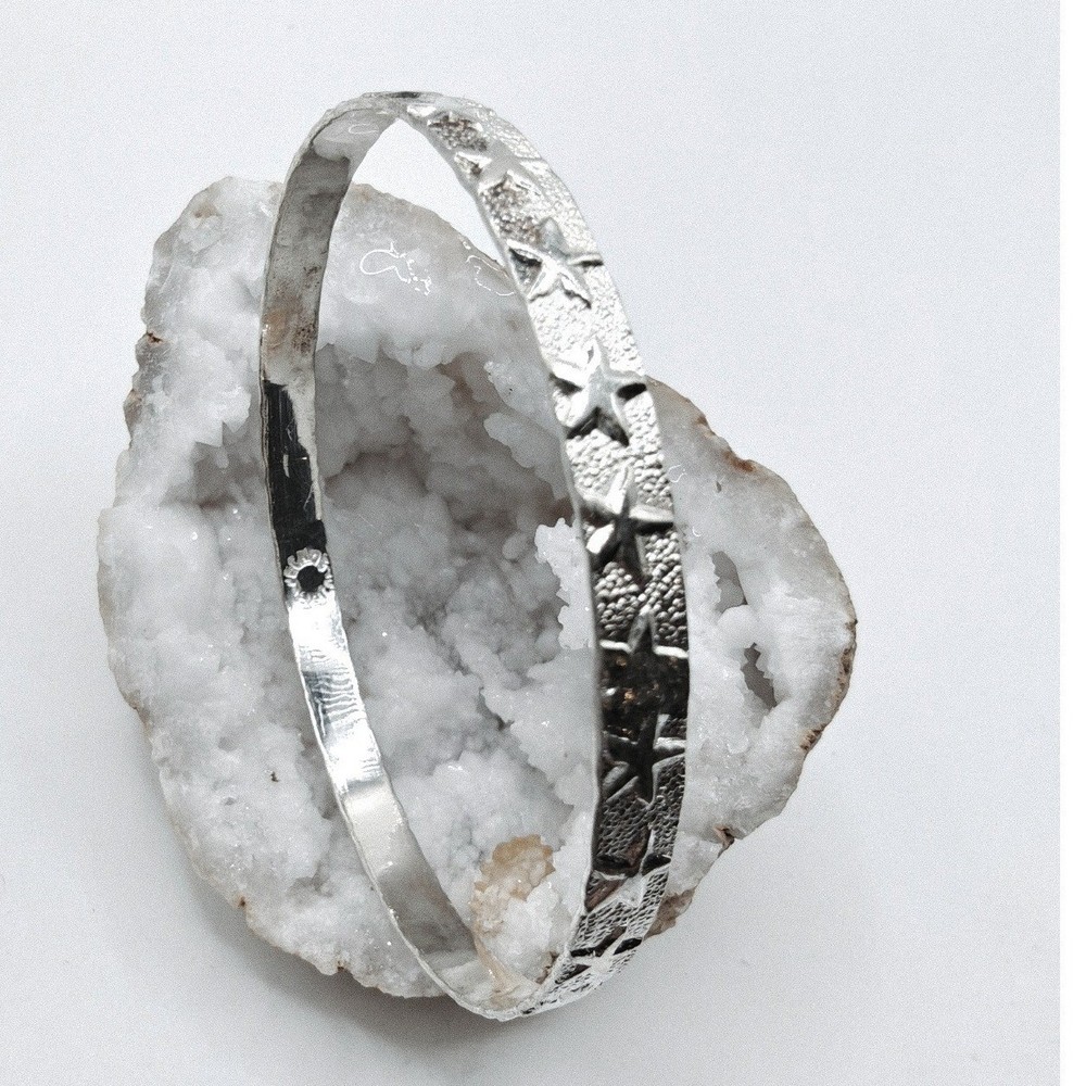 Vintage Taxco Mexico Sterling Silver Star Bangle Bracelet Textured Celestial