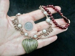 Vintage-Maroon Lucite Bead w/Brown Metal, Faux Pearl & Ribbed Heart Necklace