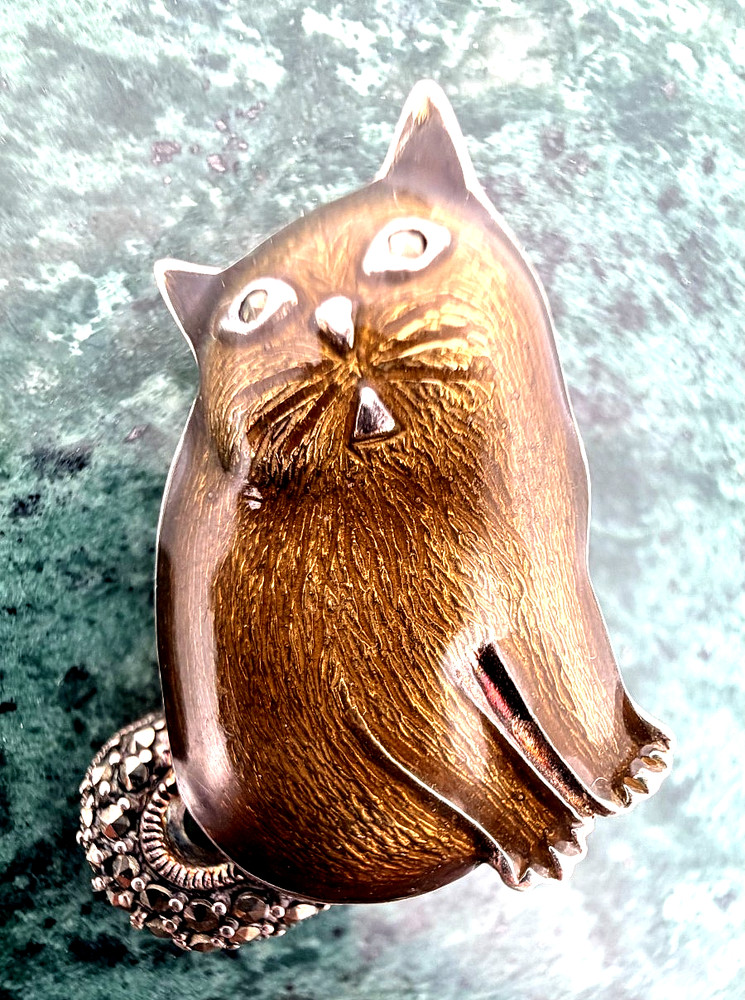 Vintage 80s Cute Sterling Silver Green Enamel Marcasite Cat Brooch Pin Thailand
