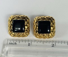 Vintage LCI Gold-tone Black Square shape Pierced Earrings