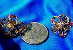 Original EARTH MINED DIAMOND Sapphire Ruby Deco Earrings Vintage SOLID 14K GOLD