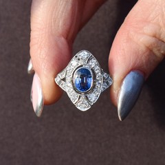 Art Deco Style Lab Created Diamond & Sapphire Engagement 14K White Gold FN Ring