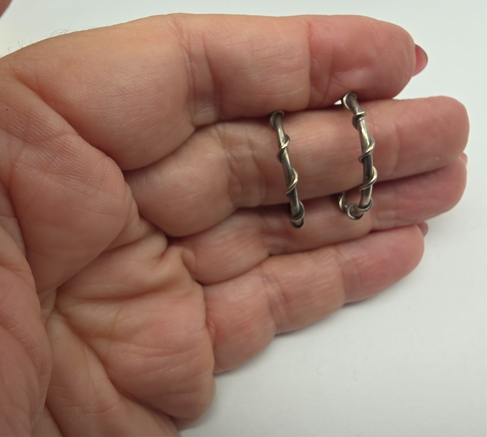 Silver Tone Metal Wire Wrapped Open Ended Hoop Pierced Earrings Vintage