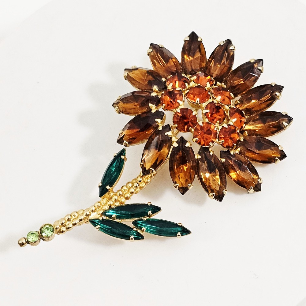 Vintage Amber Green Rhinestone Sunflower Brooch Pin Gold Tone Floral 3.25″