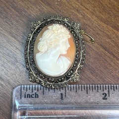 Vtg Hand Carved Shell Cameo Brooch Pendant Gold Tone Filigree Frame Safety Chain