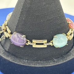 Vintage Pastel Cabochon Link Bracelet Pink Blue Purple Silver Tone 7.5”