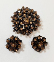 Vintage Brown Crystal Rivoli Beads Brown Rhinestone Cluster Brooch & Earrings