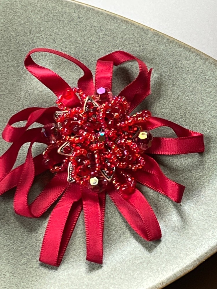 Large Red Beaded Layered Flower w Silk Ribbon Loops Brooch Pin – 3.75 inches in