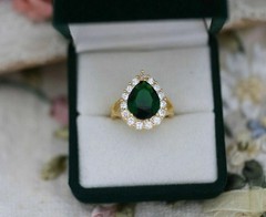Pear Cut Emerald & Lab Created Diamond Halo Wedding 14Ct Yellow Gold Finish Ring
