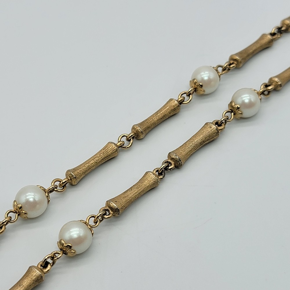Vintage Faux Pearl Brush Gold Tone Necklace Unique Chain 30″
