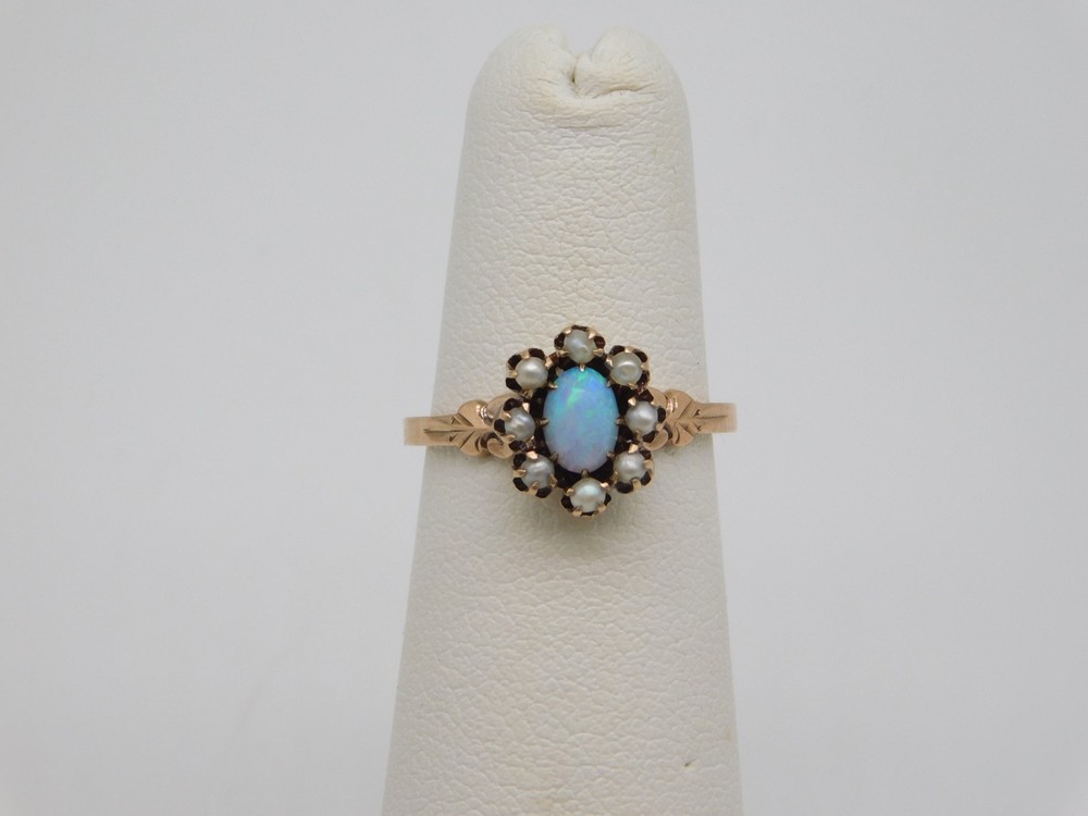 SWEET VICTORIAN 10K ROSE GOLD FIERY FIRE OPAL STONE PEARL RING SIZE 4.5