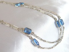 Antique Sterling Silver 925 Blue Gemstone Station Vintage Paperclip Necklace 25″