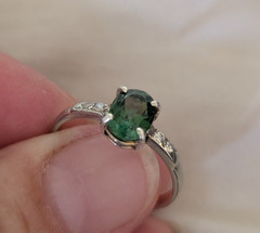 Vintage 14 k White Gold Ring w luminous green tourmaline and 4 Diamonds sz 8.75