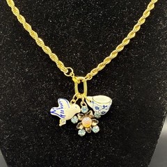 Vintage Charm Trio, Vtg Gold Plated Chain Necklace, Faux Opal, Coffee Cup, Bird