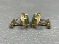 Vintage Prong Set Jade Yellow Gold Plated Cuff Links