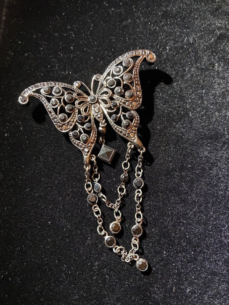 Vintage Butterfly Silver Tone Filigree Black Rhinestone Brooch Pin Marcasite