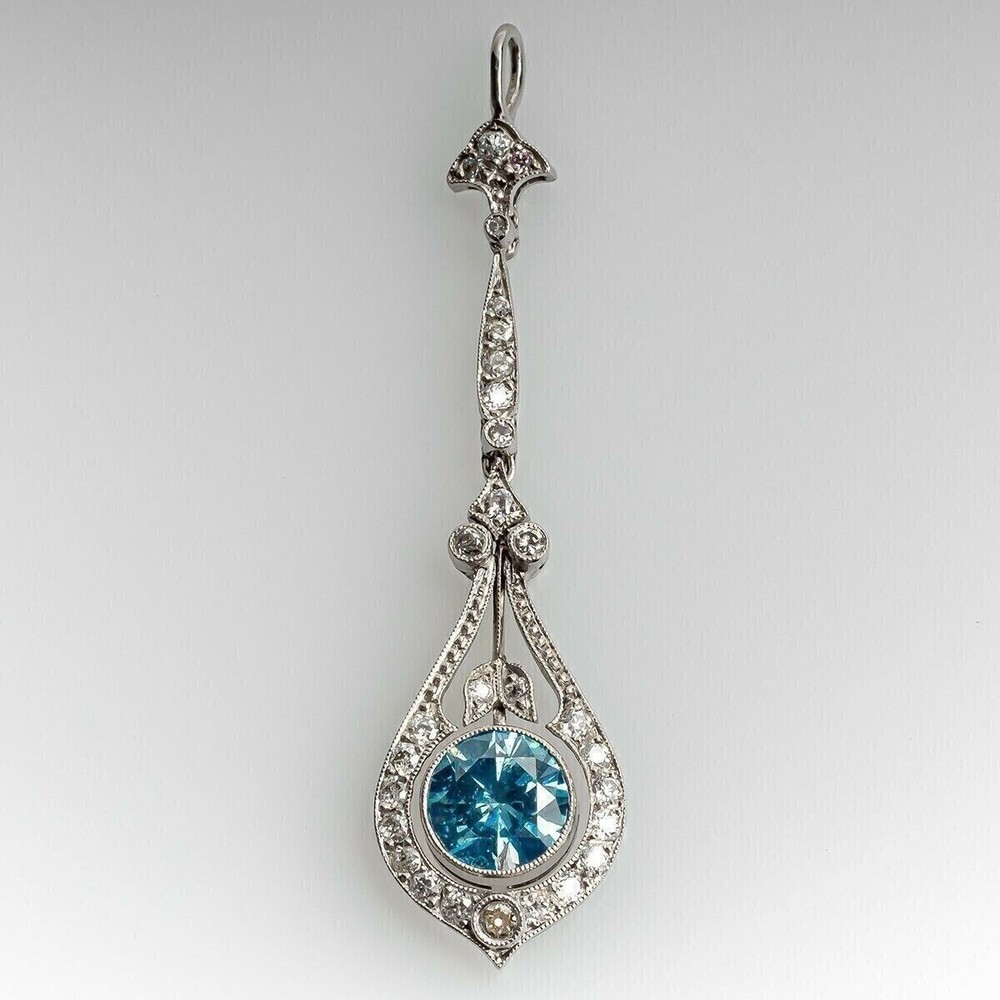 Vintage Blue Topaz & Lab Created Diamond Halo 14K White Gold FN Gift Pendant