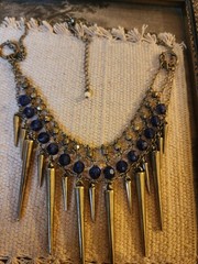 Pewter Tone Bib Necklace w/ Blue Acrylic & Metal Beads, Long Metal Dangles