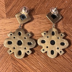 Beautiful Etruscan Revival Art Deco Brass & Black Onyx Dangle Pendant Earrings