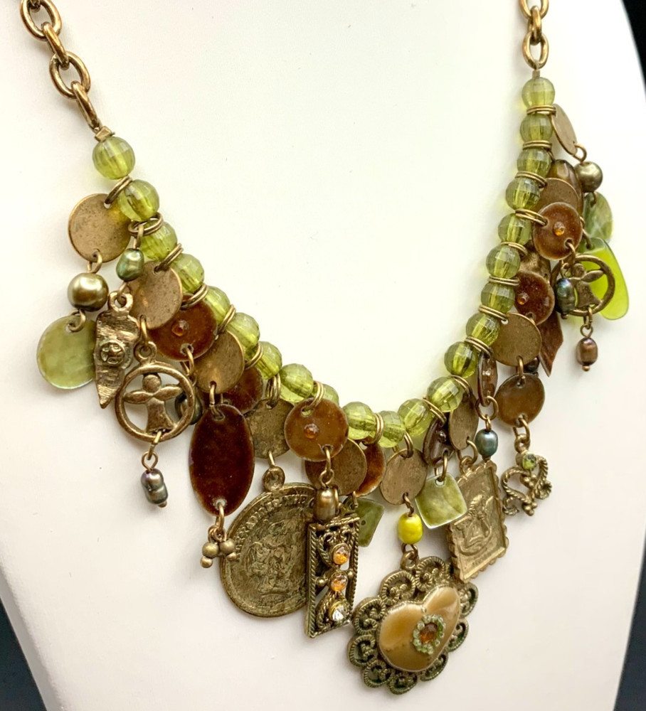 Vintage Dangle Cluster Charm Necklace w/ Olivine Glass Beads Coins Gold Tone