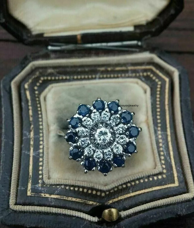 Edwardian Vintage Art Deco 3Ct Blue Sapphire Women’s Ring 14K White Gold Plated