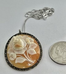 Vintage Carved Shell Rose Cameo Pin Brooch Pendant High Relief 800 Silver Frame