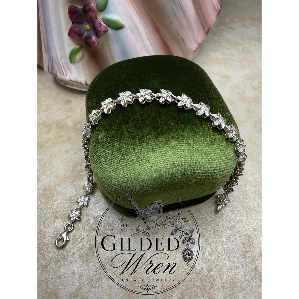 Vintage 925 Sterling Silver Hawaiian Plumeria Flower Bracelet Simulated Stone